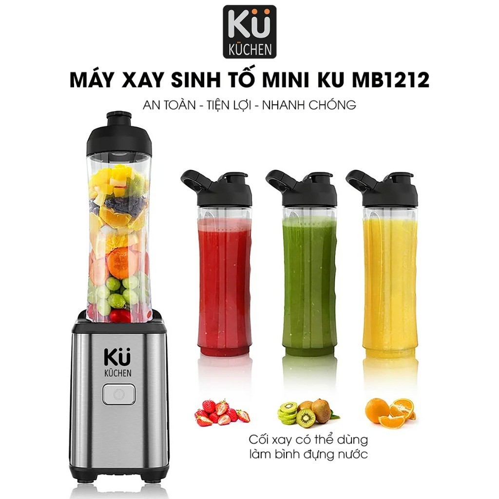 Máy xay sinh tố mini Đa chức năng 0,6L 350W,khóa an toàn,Mặt ngoài bằng thép không gỉ,2 cốc xay tritan Kuchen KU MB1212